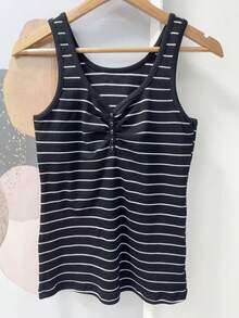 Pure Cotton Tank Top With Ribbed Design In The Middle, Knitted Fabric With Buttons. - Black Stripes - View 2