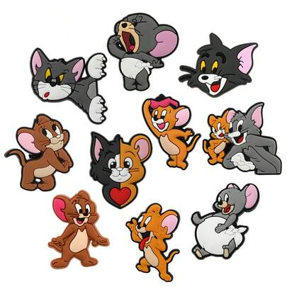 10pcs Cute Tom And Jerry Series Shoe Charms, PVC Material, Decorative Accessories For Beach Bags, Shoes, Birthday, Christmas, Valentine's Day, Halloween Party Gifts