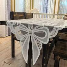 Mantel de encaje blanco, elegante y romántico, con lazo bordado de flores, ideal como decoración para cocina, TV, mueble o mesa de centro. - Blanco - Ver 4