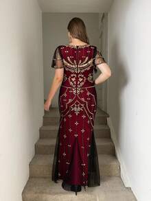 JINLICX Elegant Beaded Ruffle Hem Party Dress Formal Gown For Wedding Event Banquet - Red - View 3