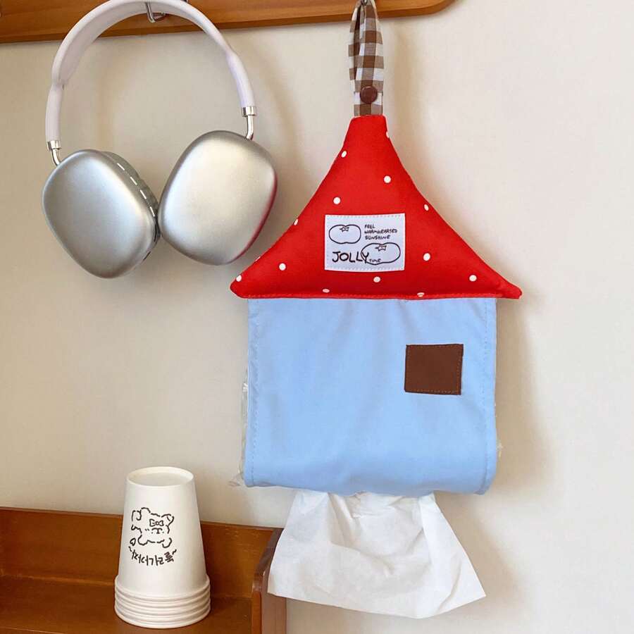 1pc Wall-Mounted Polka Dot House Tissue Box Holder - No Drilling Required, Suitable For Bathroom Organization, Space-Saving, With White Polka Dot Accents, Suitable For Kitchen, Office And Home Decor - Multicolor - View 1