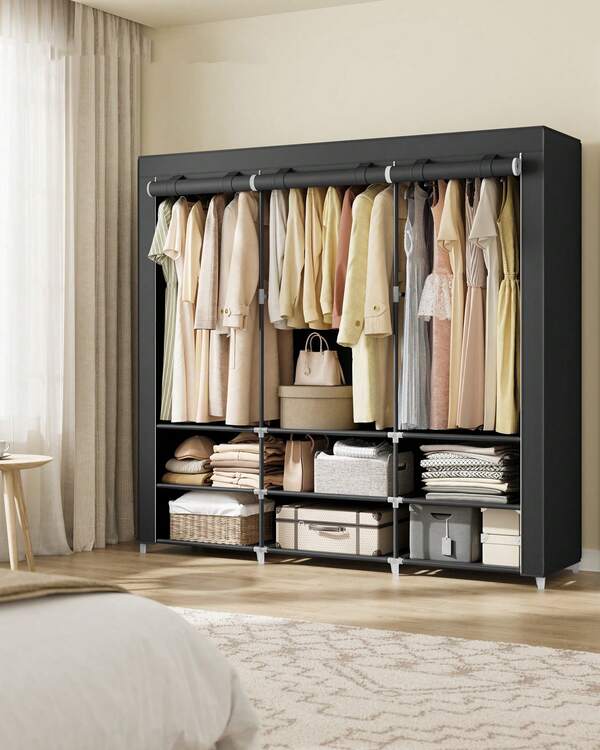 Clothes Wardrobe, Portable Closet, 45 X 188 X 176 Cm, 3 Hanging Rails, Shelves, And 4 Side Pockets, Large Capacity For Bedroom, Living Room, Black
