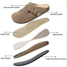 EVELLYHOOTD Women Men Genuine Suede Round Toe Cork Footbed Clogs Potato Shoes Slide Outdoor Gym Shoes With Arch Support Flat Clogs Retro Fashion Walking Shoes Slippers [Wide Feet PLS SIZE UP ] - Màu nâu nhạt - Xem 10