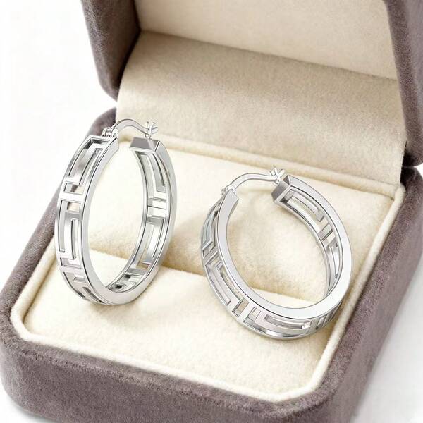 1 Pair 925 Sterling Silver Keychain Hoop Earrings, 2cm Lightweight Hollow Greek Wall Pattern Earrings For Women, Hypoallergenic Minimalist Elegant
