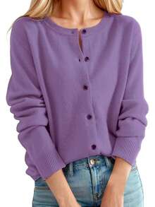 Cárdigan De Punto De Mujer, Cárdigan De Unicolor Con  Botón Delantero De Dama, Cárdigan De Punto Con Cuello  Redondo Para Mujer - Morado - Ver 9
