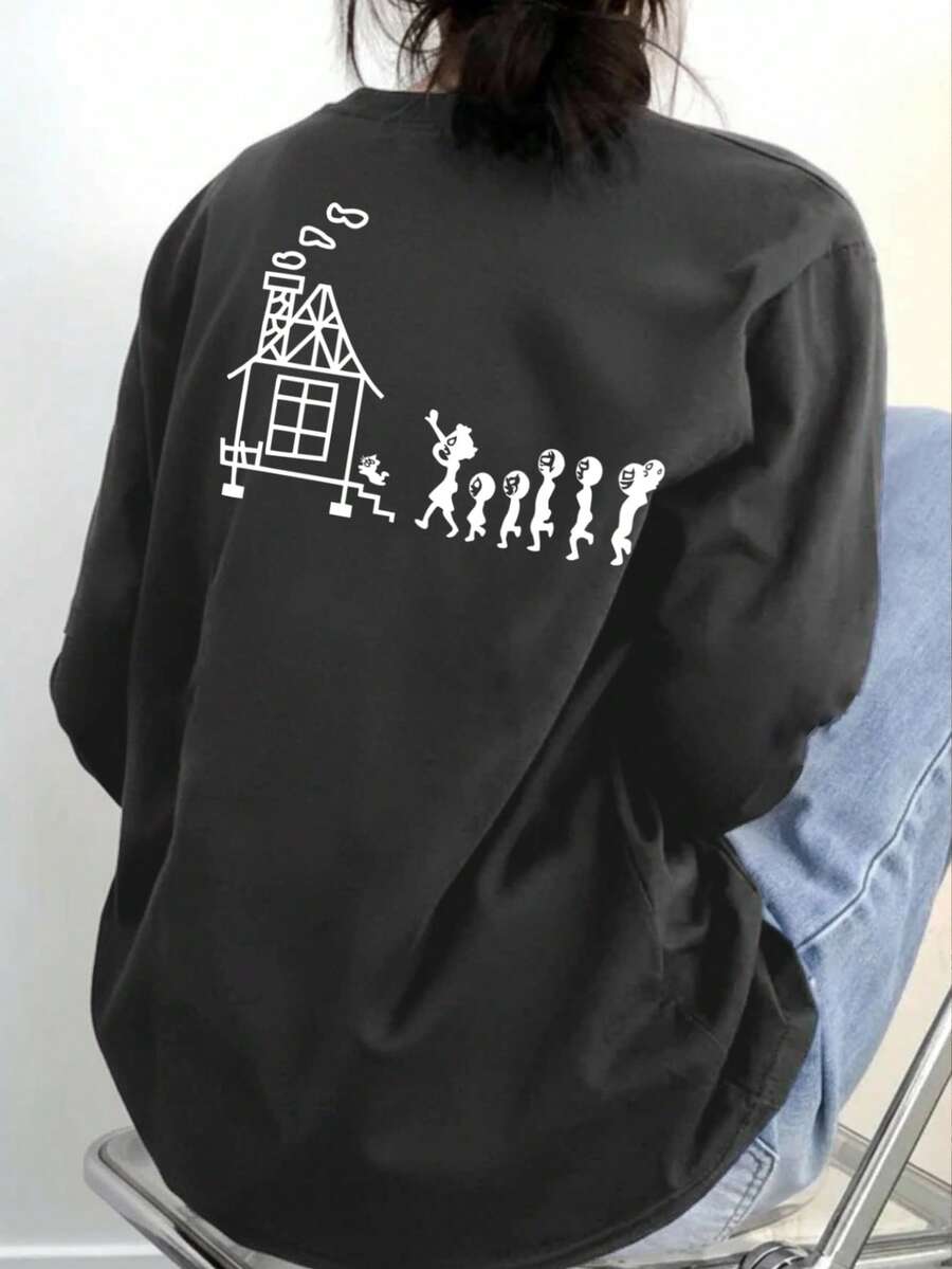 Áo thun dài tay dáng rộng in hình hoạt hình dành cho nữ, đa năng cho mùa xuân và mùa thu. - Màu xám đen - Xem 1