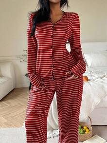 طقم كارديجان وبنطلون مخطط فضفاض عادي للنساء - الأحمر - مشاهدة 11