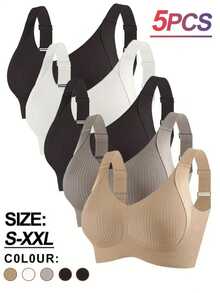5Pcs Adjustable Strap Wireless Striped Bra Set, S-XXL Multi-Color Comfortable Breathable Bras For Daily & Sports Wear - 彩色 - 查看 9