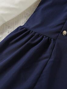 Tween GirlsFashion Splice Shirt Collar Bow Tie Long Sleeve Knee-Length Dress, Spring/Autumn - Royal Blue - View 6