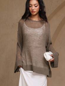 女士宽松圆领针织毛衣，休闲都市风长袖套头衫，户外时尚优雅针织衫 - 卡其色 - 查看 4