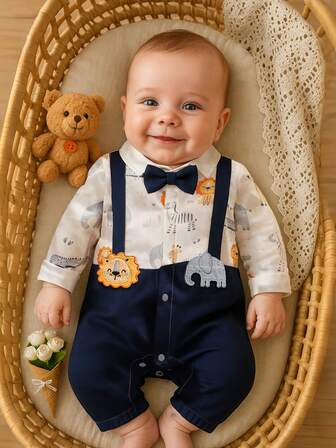 Pelele para niño recién nacido con estampado animal de doble capa para todas las estaciones