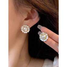 9Pcs Set Elegant Minimalist Moonlight Moon Shell Flower Earrings, Faux Pearl Delicate Glamorous Geometric Crystal Drop Earrings Set For Women, Suitable For Daily And Festive Wear - 設定 - 查看 5