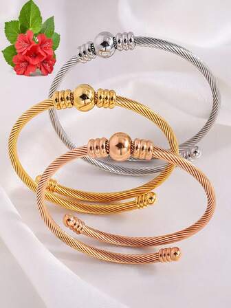 1条不锈钢旋转珠手链，可调节开口女士旋转珠手链，银色、金色、玫瑰金三种颜色可选，扭线叠戴波西米亚风首饰礼品