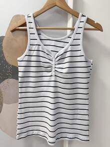 Pure Cotton Tank Top With Ribbed Design In The Middle, Knitted Fabric With Buttons. - White Stripes - View 2