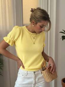 Áo thun nữ cỡ lớn, màu trơn, cổ tròn, tay ngắn, viền bèo nhún, dáng rộng, chất liệu len pha, thích hợp cho mùa xuân và mùa thu. - Màu vàng - Xem 1