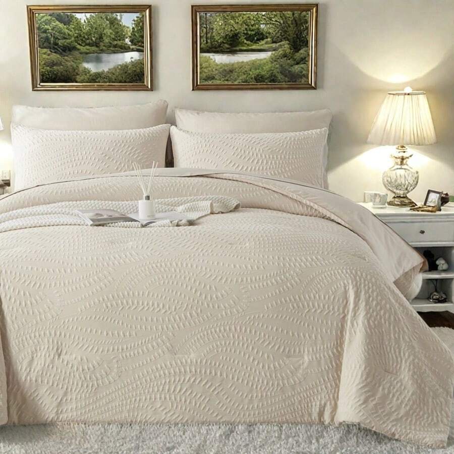 Modern Style Exquisite Comforter Set For Women Men,Twin(5 Pieces),Full/Queen/King(7pieces),Super Soft, Breathable, Warm, And Comfortable Comforter Set, Bed In A Bag Set For Anniversary, Birthdays, Or Other Holidays - 卡其色 - 查看 1