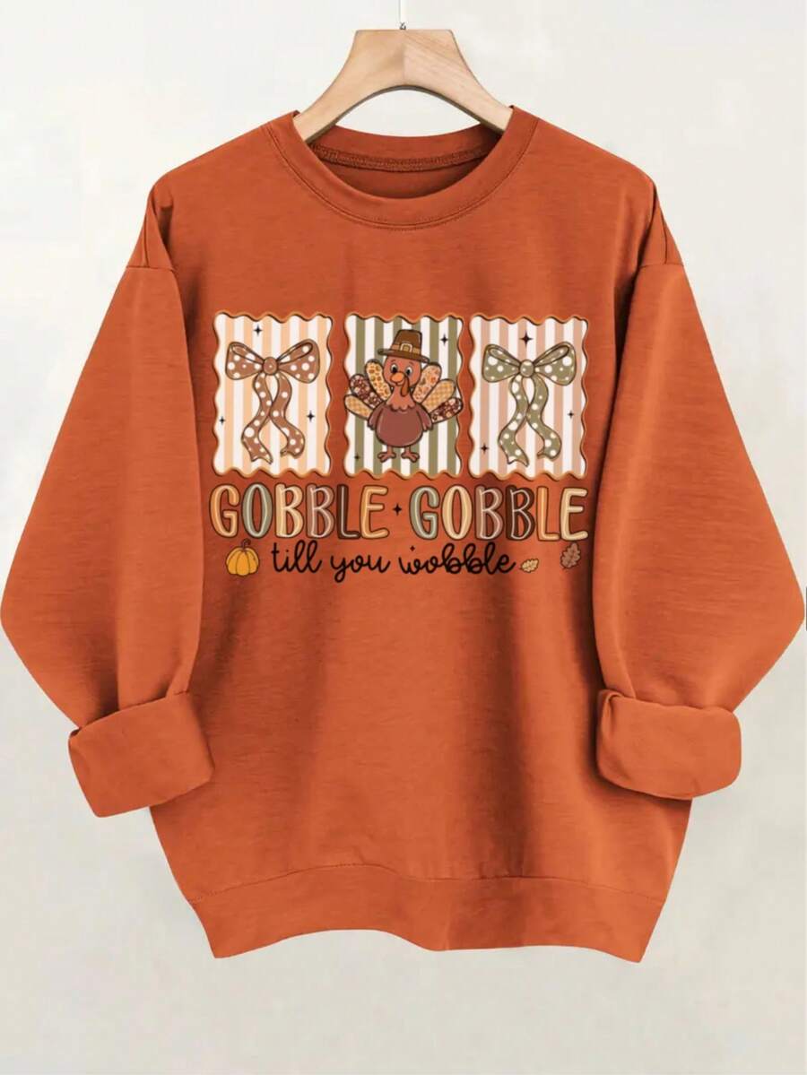 Women's Autumn And Winter Turkey Graphic And Gobble Slogan Long Sleeved Crew Neck Sweatshirt, Casual Loose Versatile Style Orange Top, Fashionable Thanksgiving Clothing For Women, Suitable For Daily And Holiday Wear, Thanksgiving Atmosphere