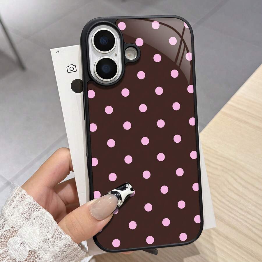 Brown Base Pink Polka Dot Glossy Phone Case Compatible With IPhone 11/11 Pro/11 Pro Max, 12/12 Pro/12 Pro Max, 13/13 Pro/13 Pro Max, 14/14 Pro/14 Pro Max, 15/15 Pro/15 Pro Max, 16/16 Pro/16 Pro Max, 17/17 Pro/17 Pro Max And Galaxy S21/S21+/S21 Ultra, Galaxy S22/S22+/S22 Ultra, Galaxy S23/S23+/S23 Ultra, Galaxy S24/S24+/S24 Ultra And Other Popular Models. The Pattern Features A Brown Base With Pink Polka Dot Elements, Made Of Glossy Material. - Black - View 1