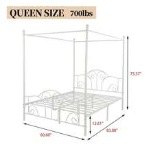 Metal  Four-Poster Canopy Bed Frame With Headboard And Footboard Sturdy Slatted Structure No Box Spring Needed - 白色 - 查看 4