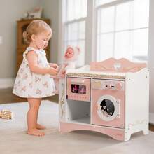 ROBUD 2-In-1 Doll Changing Table And Styling Chair - Pink Wooden Baby Care Play Toy Set With Simulated Washing Machine And Flip Table, Suitable For Children Aged 3-12 - Pink - View 2