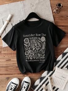 Vintage Floral Print T-Shirt - Casual Round Neck Short Sleeve T-Shirt, Knitted Polyester Blend With Slight Stretch, Regular Length, Spring/Summer Fashion Top - Black - View 1