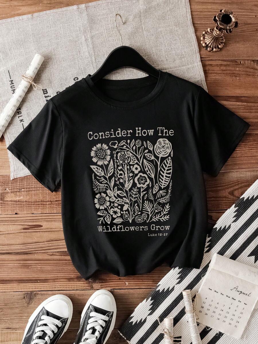 Vintage Floral Print T-Shirt - Casual Round Neck Short Sleeve T-Shirt, Knitted Polyester Blend With Slight Stretch, Regular Length, Spring/Summer Fashion Top - Black - View 1