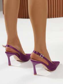 Damskie modne fioletowe satynowe buty na obcasie typu stiletto z szpiczastym noskiem i niską cholewką, z paskiem i klamrą ze strasów - Fioletowy - Zobacz 5