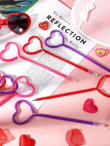 9pcs/Set Random Color Valentines Day Pens Heart Shape Pens Rollerball Pens Valentine Party Favor Pens Black Gel Ink, Ballpoint Pen For School Boys And Girls Office Supplies (Red) - Multicolor - View 2