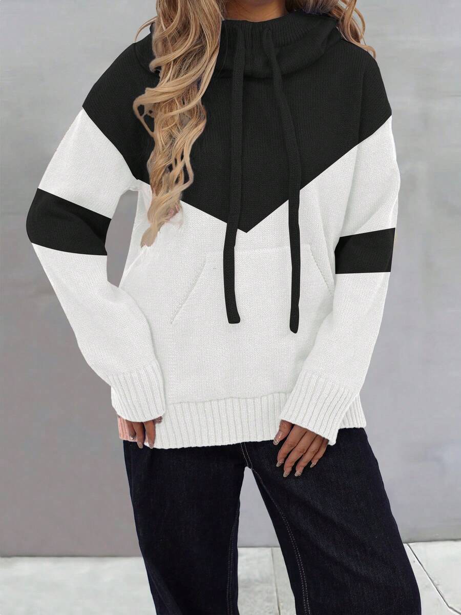 Fall/Winter Casual Patchwork Drawstring Pocket Hooded Collar Top For Women - Black - View 1