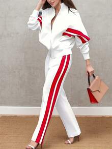 New Fall/Winter Retro Sporty Two-Piece Suit: White Top, Red Striped Wide-Leg Pants, Stylish Contrasting Colors, Versatile Styling Options, Perfectly Embodying A Retro Sporty Look. - 白色 - 查看 1