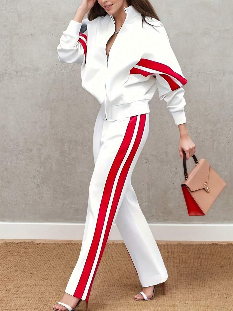 New Fall/Winter Retro Sporty Two-Piece Suit: White Top, Red Striped Wide-Leg Pants, Stylish Contrasting Colors, Versatile Styling Options, Perfectly Embodying A Retro Sporty Look. - 白色 - 查看 1