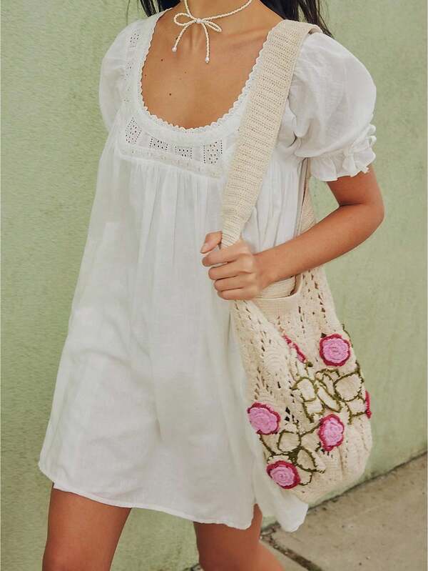 Women Puff Sleeve Babydoll Mini Dress Y2K Lace Trim Square Neck Loose Dresses Ruffle Flowy Short Sundress Going Out
