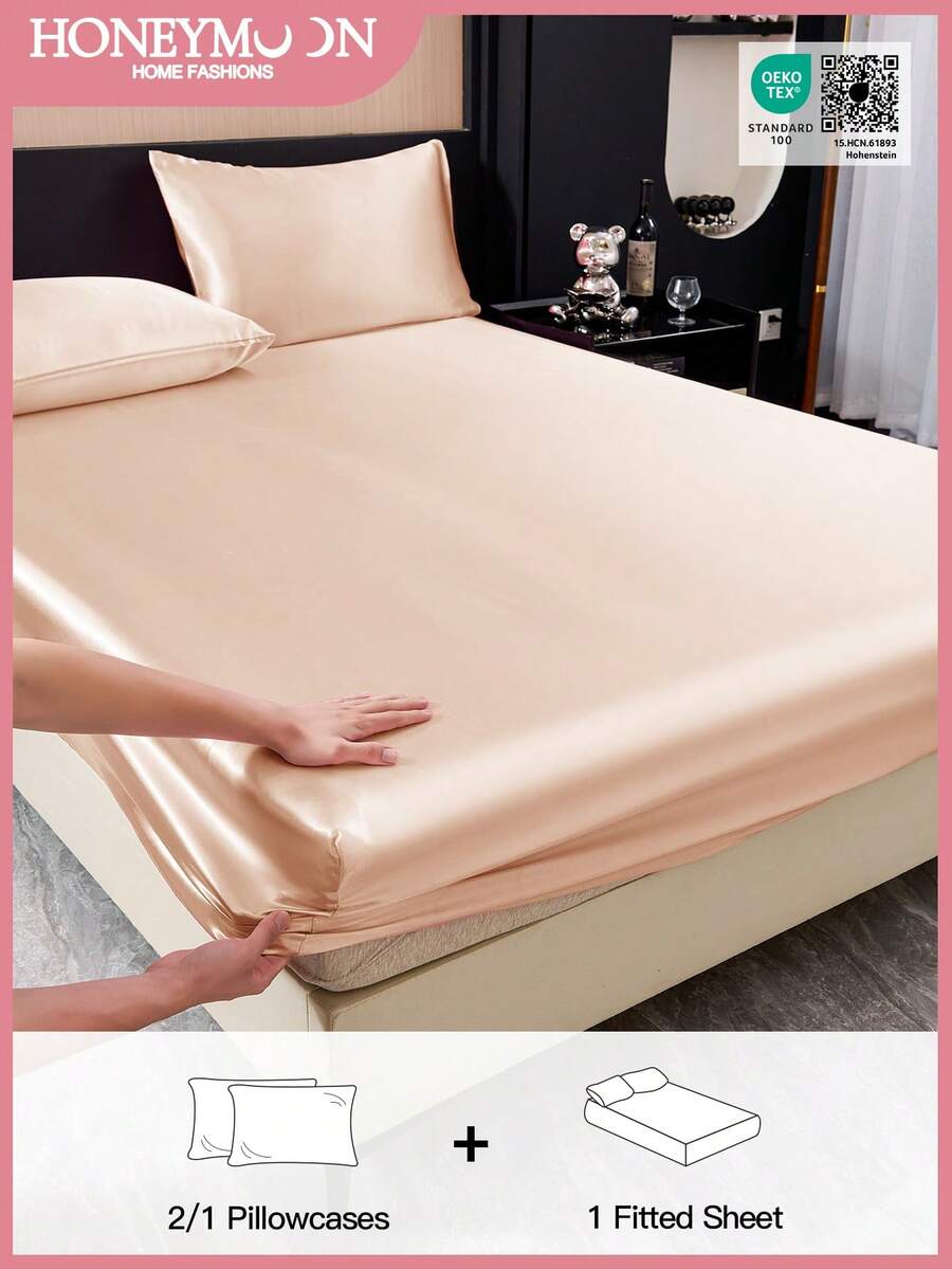 2/3件套奢华缎面床上用品套装,包含1件深口袋床笠和1/2个枕套 - 100%涤纶,纯色,丝滑柔顺,四季皆宜 - 可机洗 - 适用于家庭和酒店,通过Oeko-Tex认证,香槟色 - 香檳色 - 查看 1