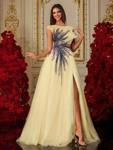 Nuevo vestido de noche formal bordado con perlas, elegante de alta gama - Amarillo - Ver 3