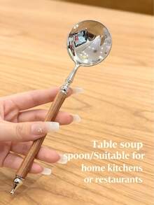 [7.8-Inch Extended Handle]Stainless Steel Imitation Wood Grain Dinner Spoon, Deep Soup Spoon, Dessert Spoon, Coffee Stirring Spoon. Suitable For Cereal/Dessert/Soup/Tall Cup Drinks. Durable Tableware For Home, Restaurant, And Café - Silver - View 3