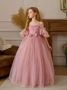 Tween Girl Pink Lace Trim Bow Elegant Christmas Party Dress, Princess Dress Suitable For Girls Birthday Party, Flower Girl Wedding, Teenager Prom, Thanksgiving, Graduation Ceremony - Pink - View 9