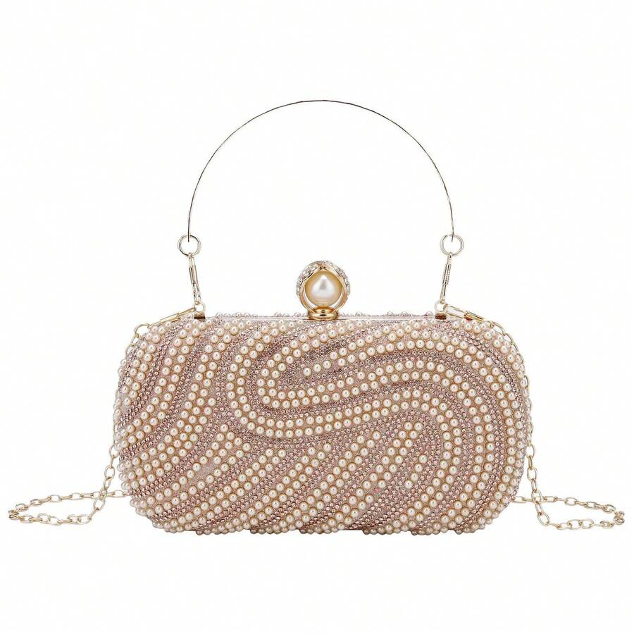 Gets Womens Pearl Clutch Purse Beaded Evening Handbag With Chain Bridal Wedding Party Bag Luxury Elegant Small Bag Formal Occasion Accessories Fashionable Chic Design - 香檳色 - 查看 1