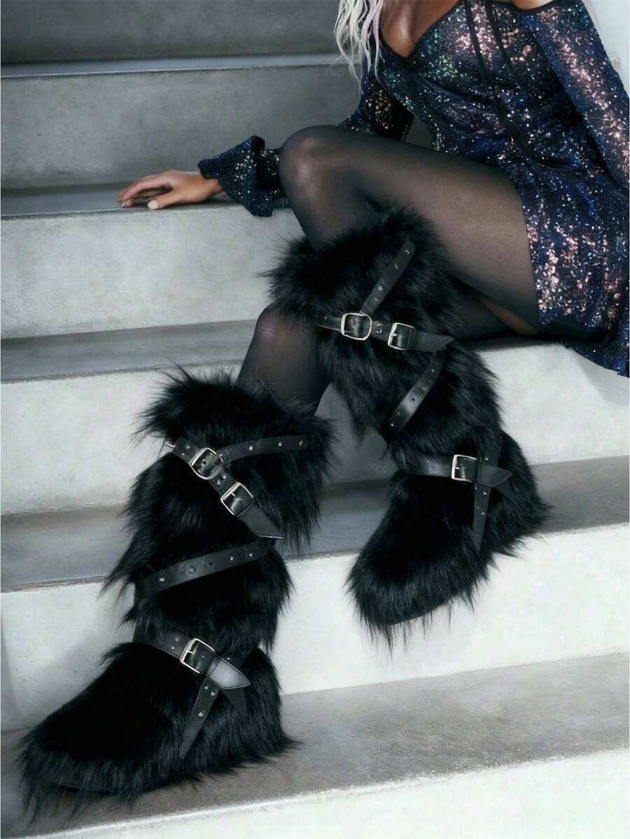 Women's Winter Furry Snow Boots Fuzzy Fluffy Round Toe Suede Booties Flat Heel Slip On Outdoor Indoor Shoes Fashion Warm Fluffy Shoes - 綁帶黑色 - 查看 1