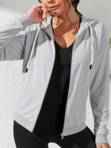 Sweat-shirt à capuche pour femmes avec poches, veste décontractée et confortable pour le printemps et l'automne - Gris - Voir 3