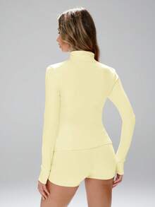 This Sporty Jacket Features A Minimalist And Fashionable Style, Combining Collegiate And Athletic Elements. With Long Sleeves And Thumb Holes, The Comfortable Stretchy Fabric Is Suitable For Dance/Pilates Workouts. The Front Zip-Up Design With A Low Collar Allows You To Easily Transition From Street To Gym. With Shaping Seams, A Slim Fit, Full Coverage, Long Sleeves With Thumb Holes, Effective Cinched Waist, Bust Lifting Pleats, 360° Stretch Structure, And Anti-Slip Zipper Guard, This Is A Women's Fitted Zip-Up Jacket. - Light Yellow - View 2