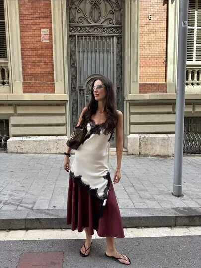 山茶花新款夏季女装时尚性感不对称蕾丝连衣裙，欧美风格优雅