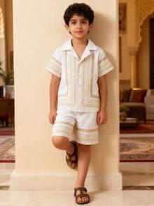 XUMPLO 2pcs/Set Young BoyCasual Striped Digital Print Cardigan Shirt & Shorts Set, Everyday & Holiday Wear - White - View 5