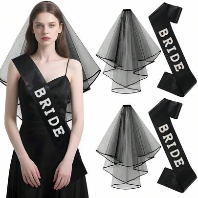 1 Set Gothic Style Bridal Party Veil With Shoulder Straps, Black Double Layer Veil With Pearl & Letter Ribbon Decor, Valentine's Day Gift