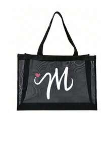 Pink Heart Shaped Alphabet Letter Print Mesh Tote Bag, Alphabet Beach Bag, Foldable Handbag, Women's Mesh Tote Bag, Shoulder Bag, Suitable For Beach, Vacation And Shopping, Large Capacity Handbag, Gift For Family And Friends, Unisex, Suitable For Couples, Daily Use, Dating, Birthday, Holiday, Back To School, Vacation, Travel, Commuting, Business, Students, Picnic, Camping, Supermarket, Daily Storage, Holiday Gift (Black) - Multicolor - View 16