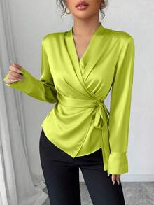 Western Inspired Shiny Fabric Side Tie And Puff Sleeve Versatile Stylish Women Shirt Fall Cloth For Women - Lime Green - View 3