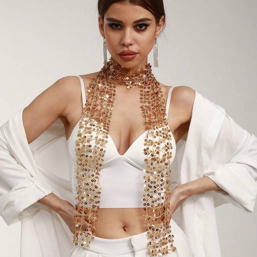 Sequin Necklace Scarf Headscarf, Multiple Wearing Methods, European And American Fashion Women's Accessories, Hot Girl Personality Eye-Catching  Style, Suitable For Beach Vacation, Evening Date, All Seasons Wear - 粉色 - 查看 1