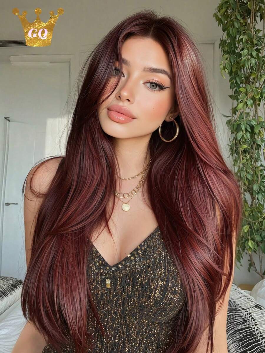 26 Inch Red Wig Straight No Bangs Natural Looking Red Synthetic Wigs For Women Cosplay Party New Year Wig