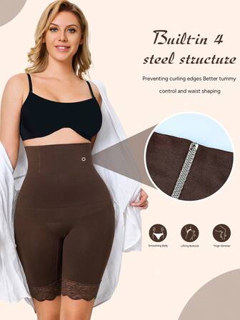 High Waist Seamless Lace Trim Shapewear Shorts, Butt Lifting Tummy Control Bottoms