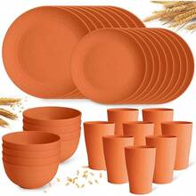Plastic Plates And Bowls Sets, Dishwasher And Microwave , Reusable, Lightweight Unbreakable Dinnerware Sets 8, 32 Pcs - Kitchen, Camping, Outdoor, RV - Wheat Straw Look - 橘子 - 查看 8
