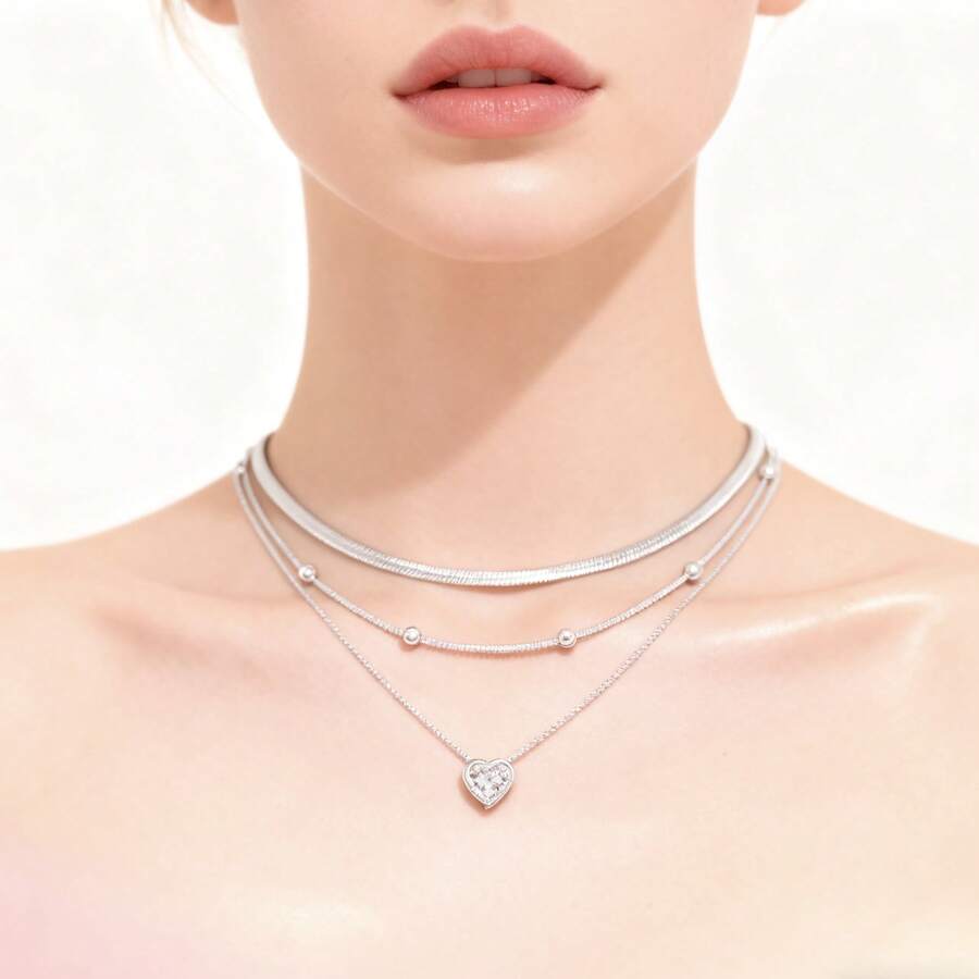 Set Of 3 Women's Necklaces With Heart-Shaped Cubic Zirconia Pendants, Plated In 925 Sterling Silver And 18k Gold. - 銀色 - 查看 1